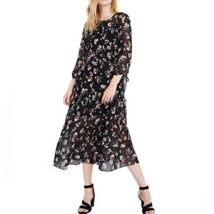 Madewell Sheer Button Front Tier Long Sleeve Midi Dress in Carnation Toss